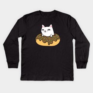 Donut Cat - White Cat Chocolate Icing Kids Long Sleeve T-Shirt